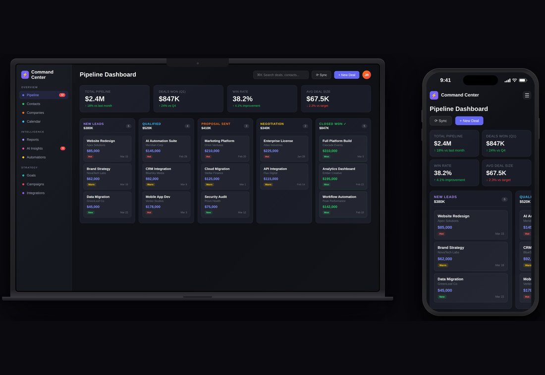Command Center pipeline dashboard shown on a laptop and a phone